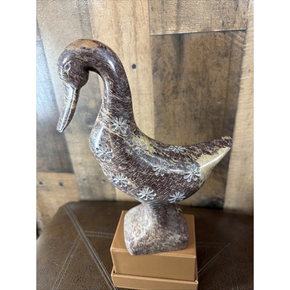 Vintage Hand Carved 9" Soapstone Duck Sculpture Marbled Brown Floral Etch Goose